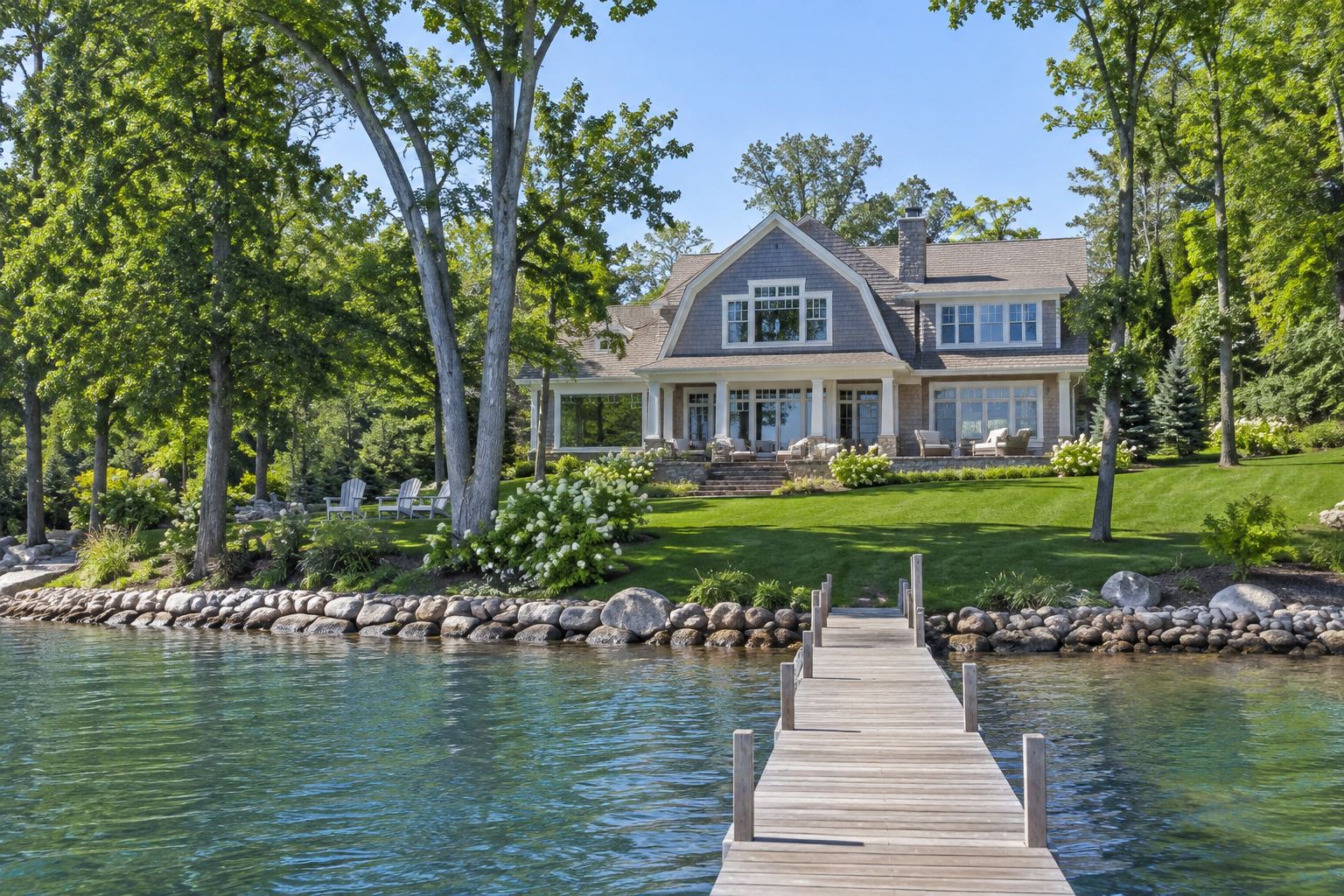 A Lake Geneva lakefront home with a pier, illustrative