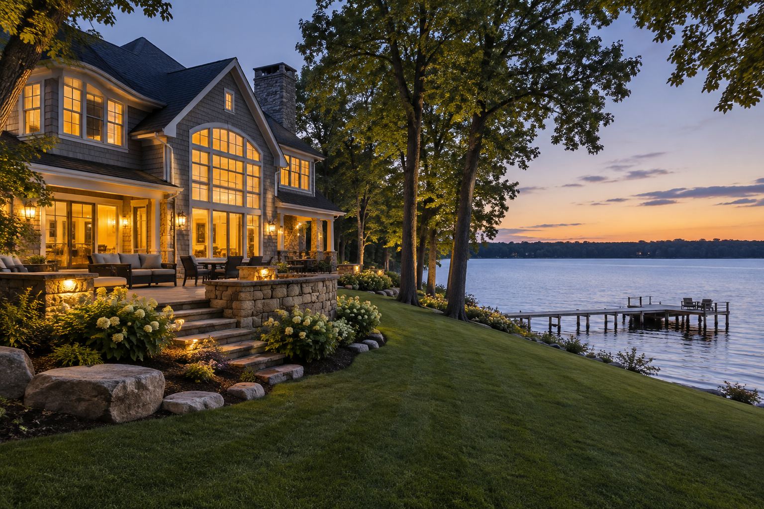 A lake home at dusk, illustrative
