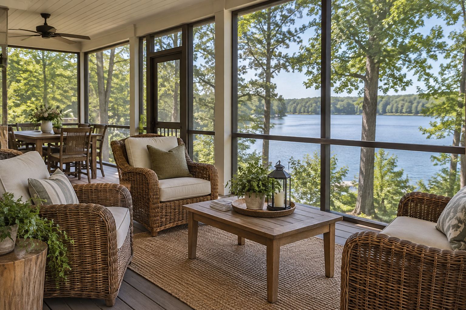 A cozy lake house living room, illustrative