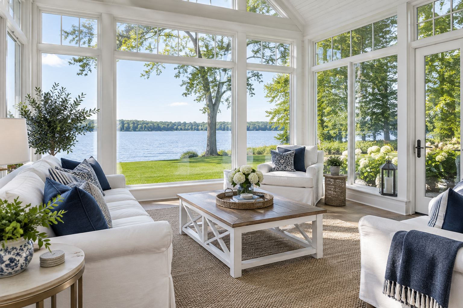 A bright lake house living room with lake views, illustrative
